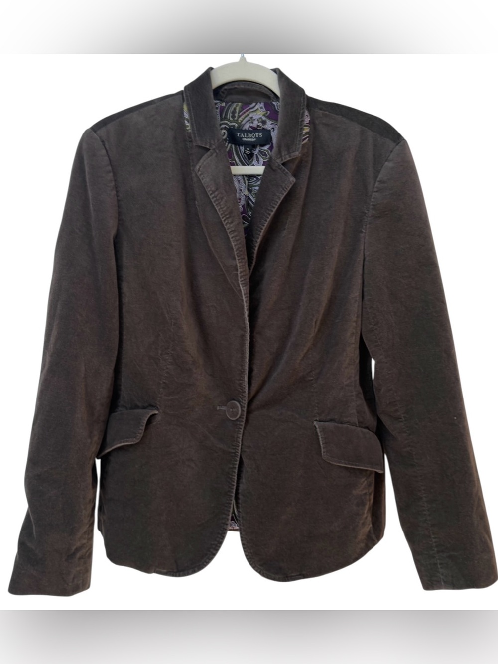 Talbots Vintage Brown Corduroy Paisley Lined Single Button Fitted Blazer. 12.